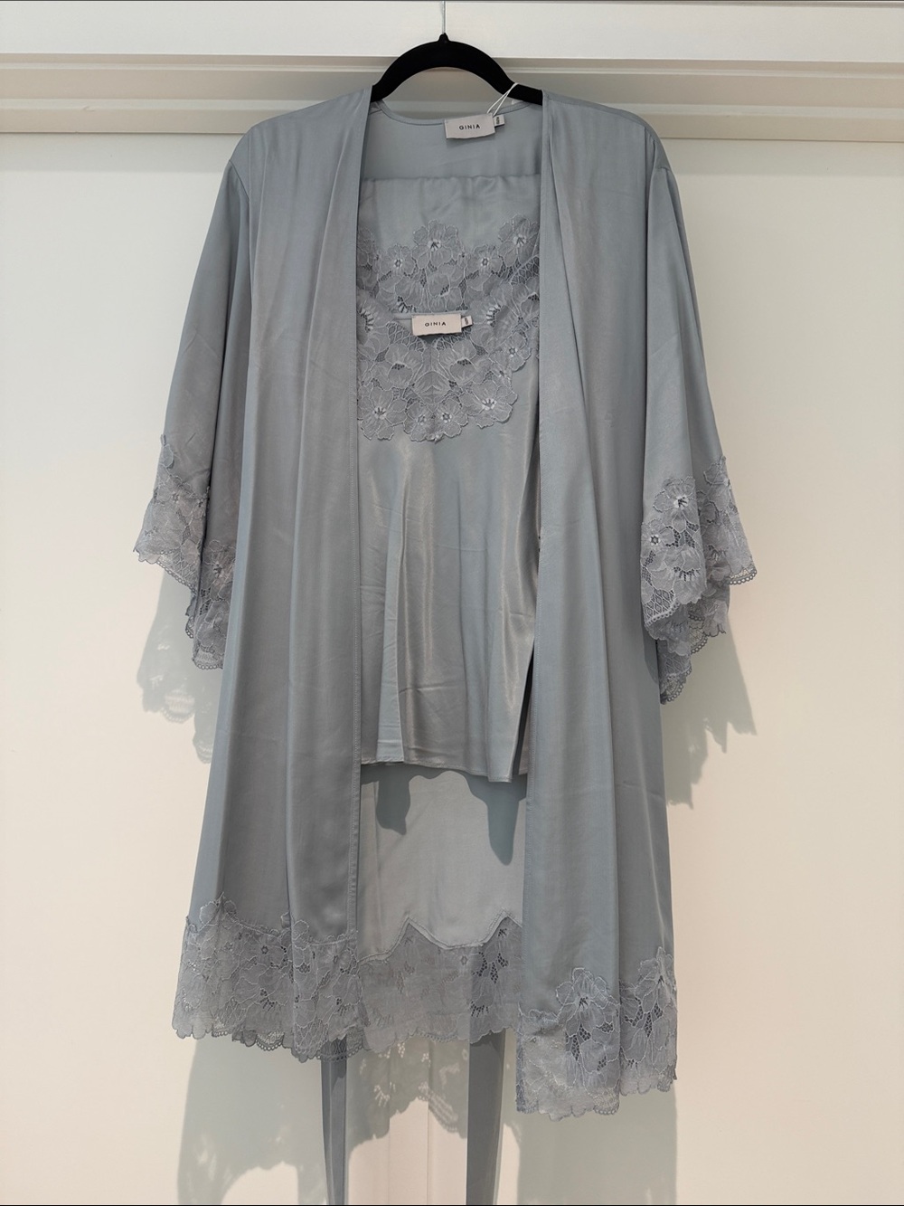 Ginia Pearl Blue Silk Lace-Trim Robe & Camisole Set